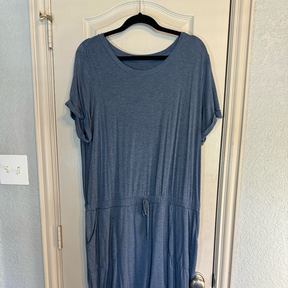 Spring sale! Denim blue cotton dress w drop waist & stretch - Picture 1 of 2